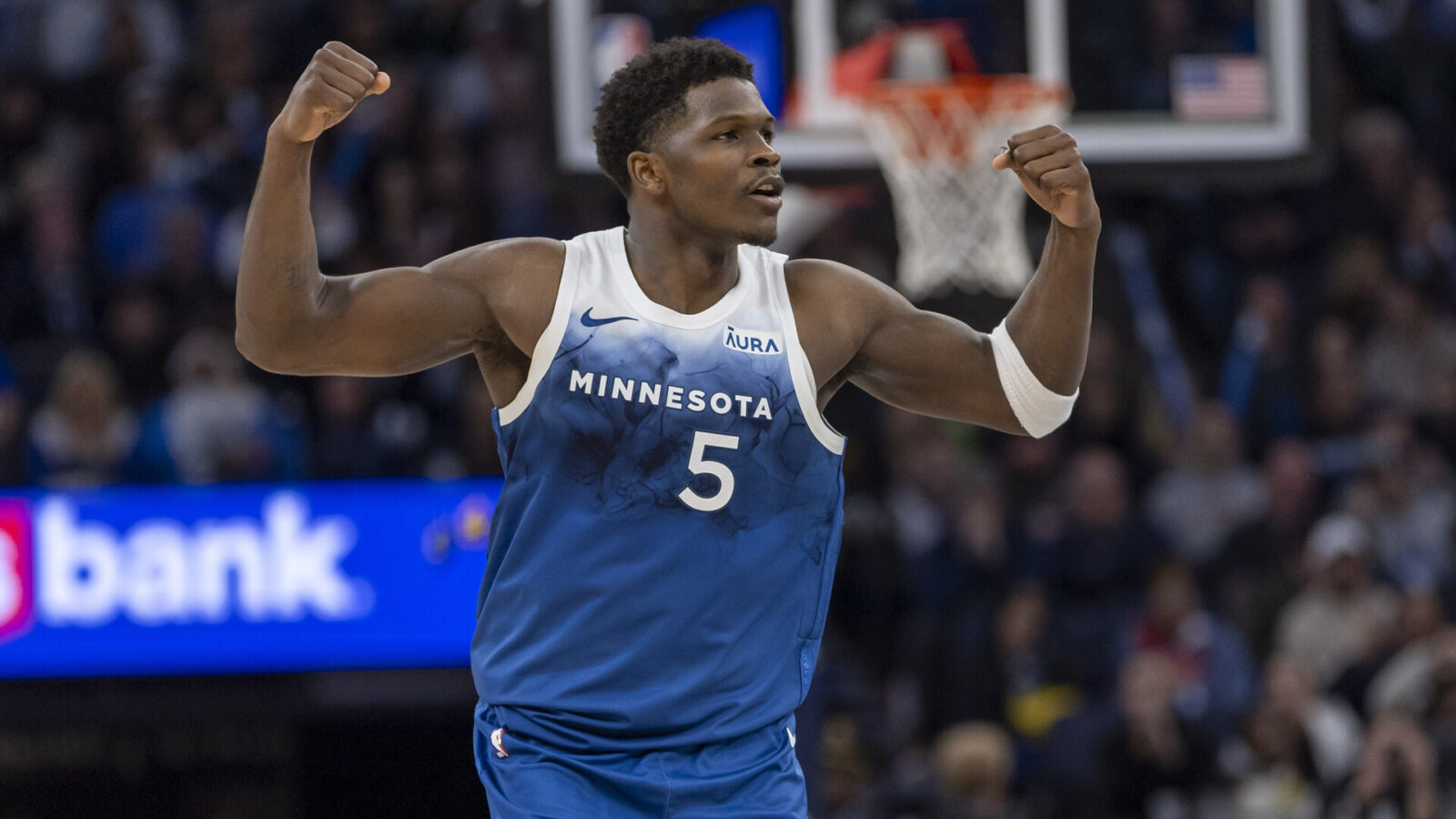 Minnesota Timberwolves guard Anthony Edwards (5) celebrates after making a shot against the Los Angeles Lakers in the second half at Target Center.