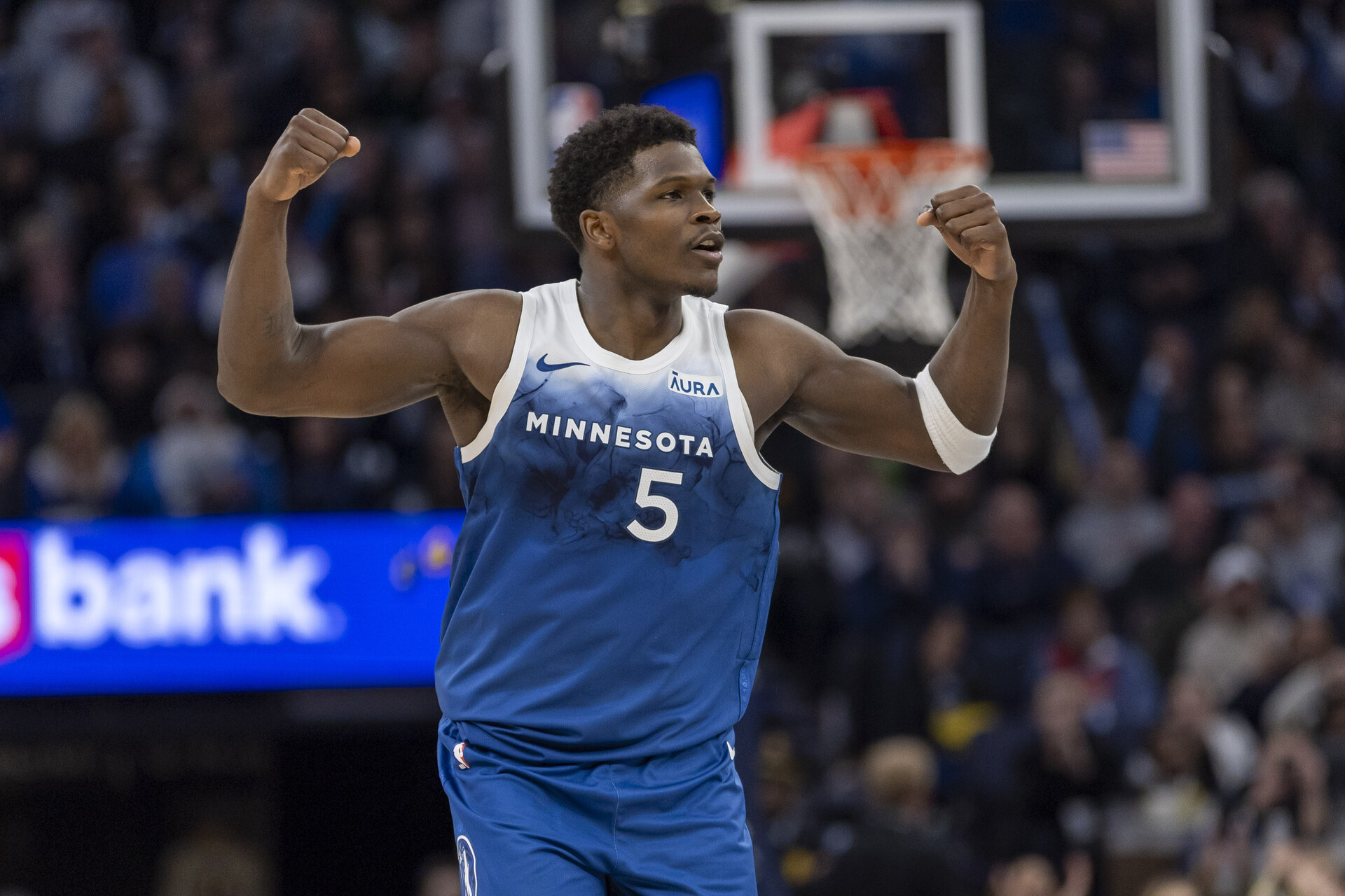 Minnesota Timberwolves guard Anthony Edwards (5) celebrates after making a shot against the Los Angeles Lakers in the second half at Target Center.