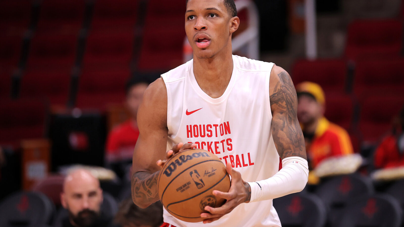 Houston Rockets forward Jabari Smith Jr. (10) warms up prior to the game against the Indiana Pacers at Toyota Center.