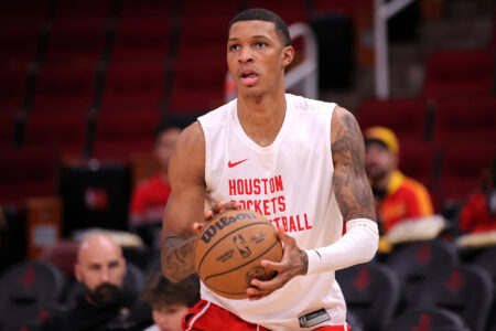 Houston Rockets forward Jabari Smith Jr. (10) warms up prior to the game against the Indiana Pacers at Toyota Center.