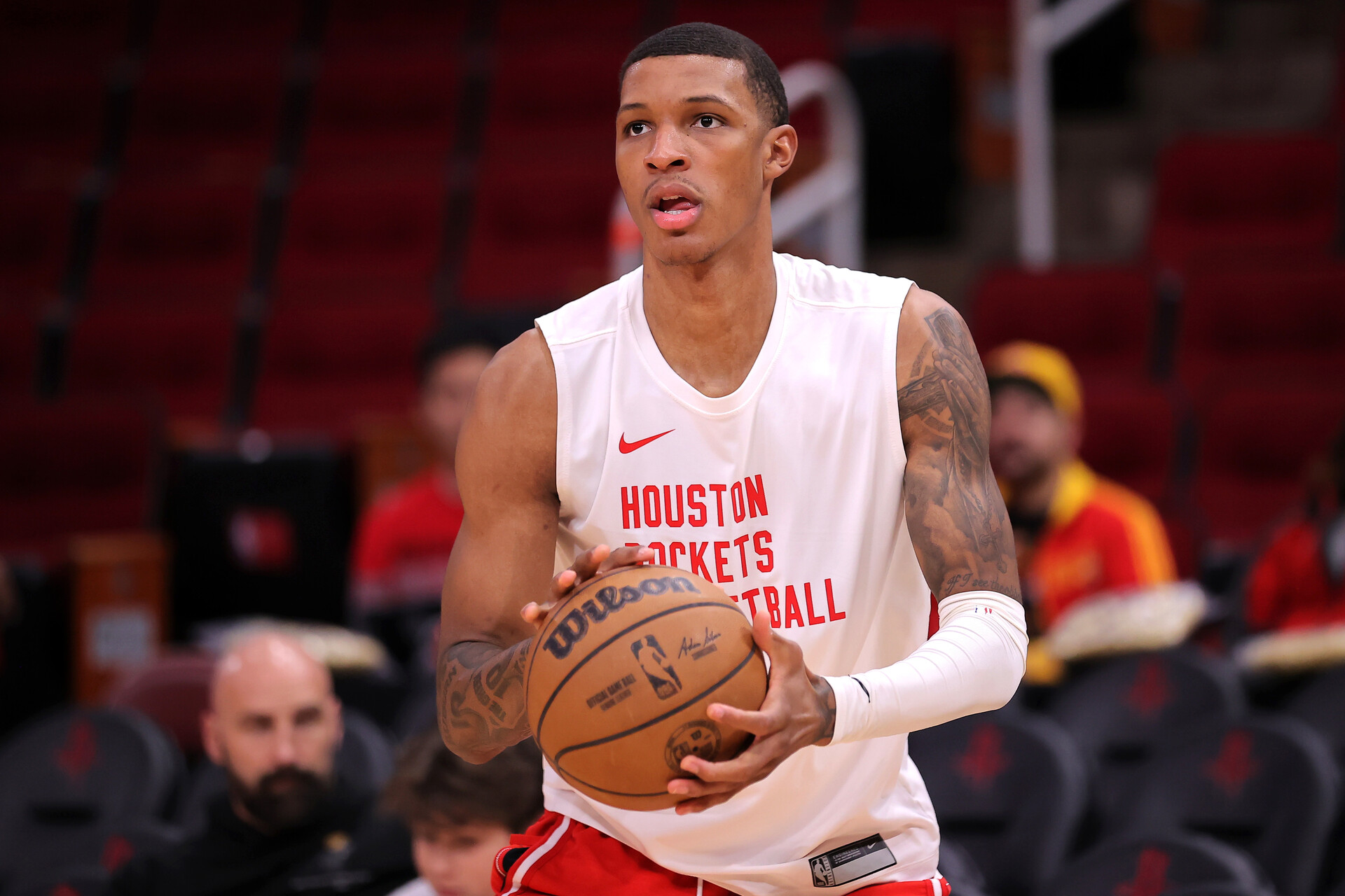 Houston Rockets forward Jabari Smith Jr. (10) warms up prior to the game against the Indiana Pacers at Toyota Center.