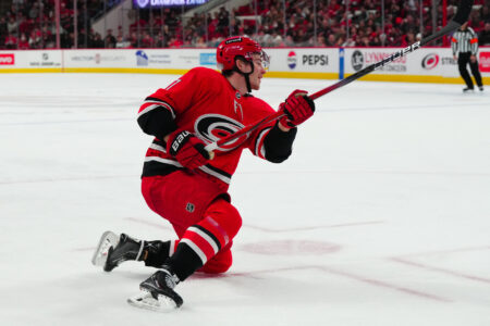 Dec 28, 2023; Raleigh, North Carolina, USA; Carolina Hurricanes right wing Andrei Svechnikov (37) watches his shot against the Montreal Canadiens during the third period at PNC Arena.