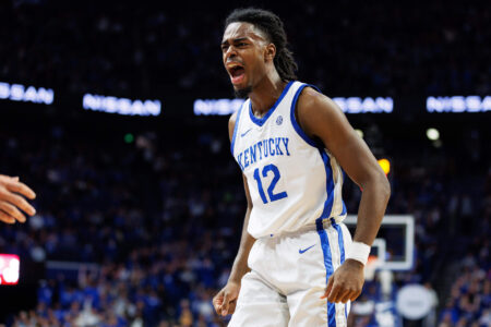 Kentucky Wildcats guard Antonio Reeves (12) celebrates after dunking the ball during the second half against the Illinois State Redbirds at Rupp Arena at Central Bank Center.
