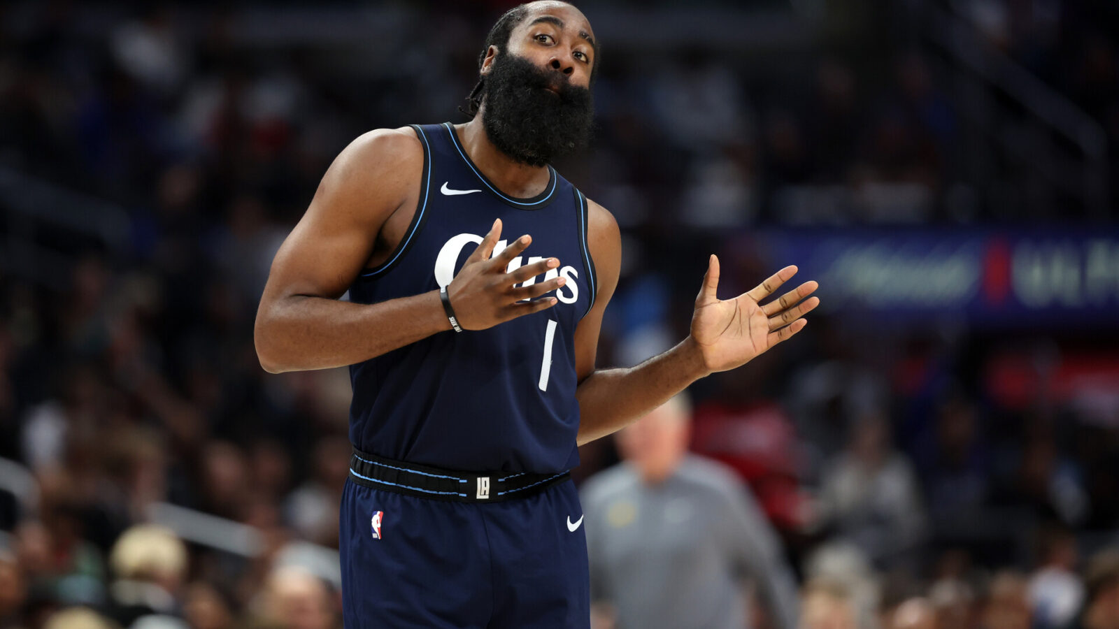 Dec 29, 2023; Los Angeles, California, USA; Los Angeles Clippers guard James Harden (1) reacts to a play during the fourth quarter against the Memphis Grizzlies at Crypto.com Arena.