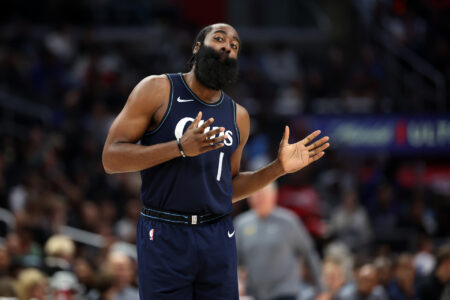 Dec 29, 2023; Los Angeles, California, USA; Los Angeles Clippers guard James Harden (1) reacts to a play during the fourth quarter against the Memphis Grizzlies at Crypto.com Arena.