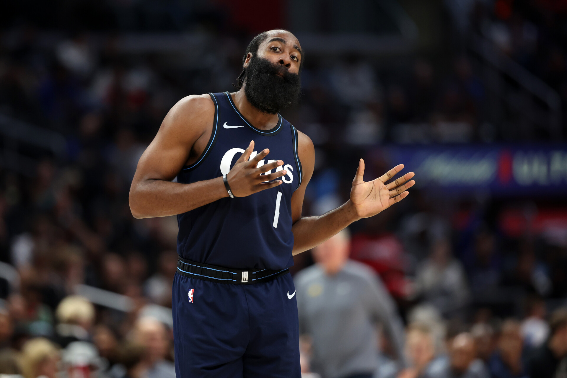 Dec 29, 2023; Los Angeles, California, USA; Los Angeles Clippers guard James Harden (1) reacts to a play during the fourth quarter against the Memphis Grizzlies at Crypto.com Arena.