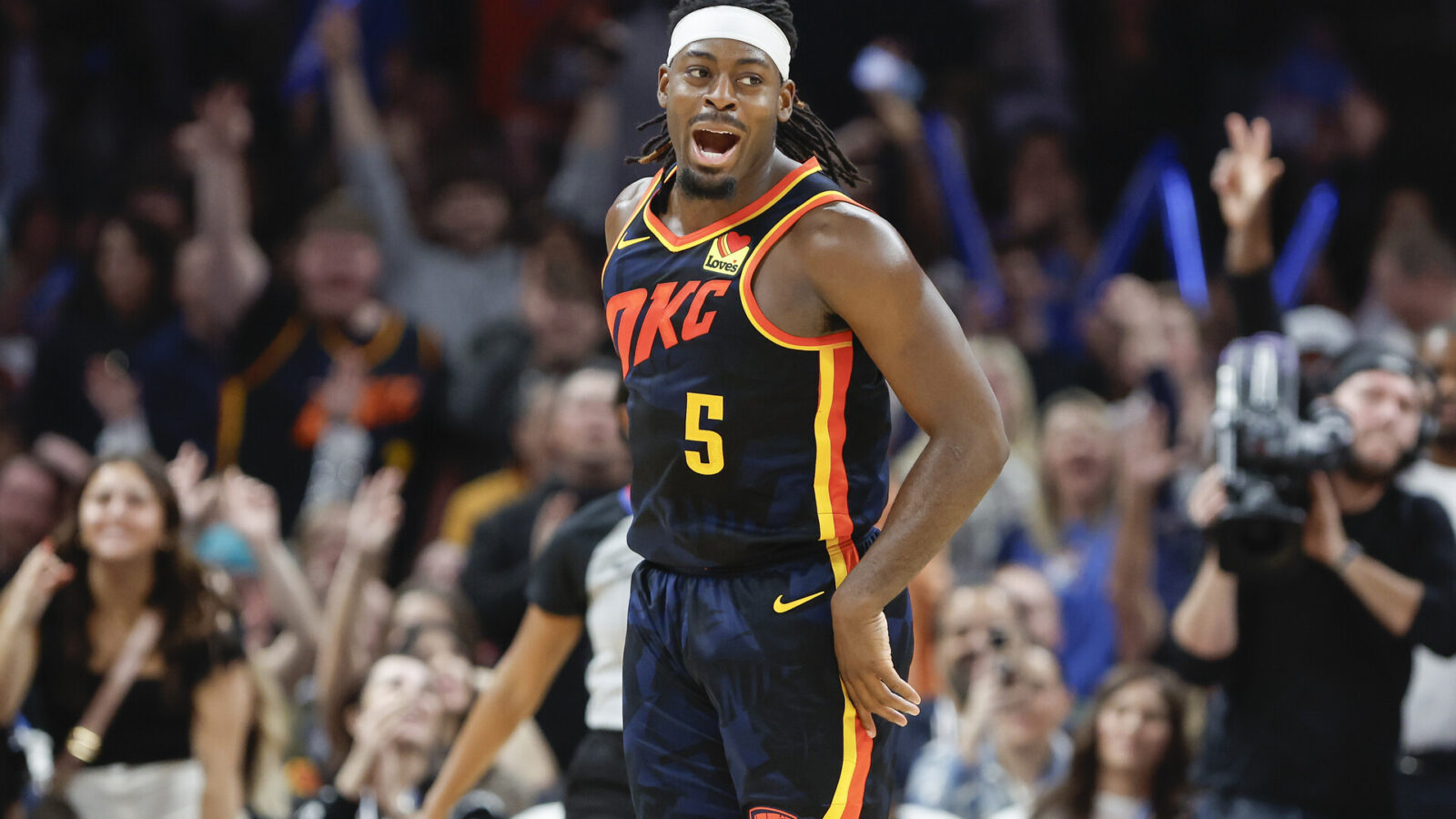 Dec 31, 2023; Oklahoma City, Oklahoma, USA; Oklahoma City Thunder guard Luguentz Dort (5) celebrates after scoring a basket against the Brooklyn Nets during the second half at Paycom Center.