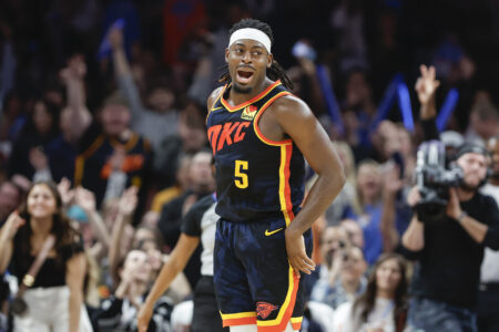 Dec 31, 2023; Oklahoma City, Oklahoma, USA; Oklahoma City Thunder guard Luguentz Dort (5) celebrates after scoring a basket against the Brooklyn Nets during the second half at Paycom Center.