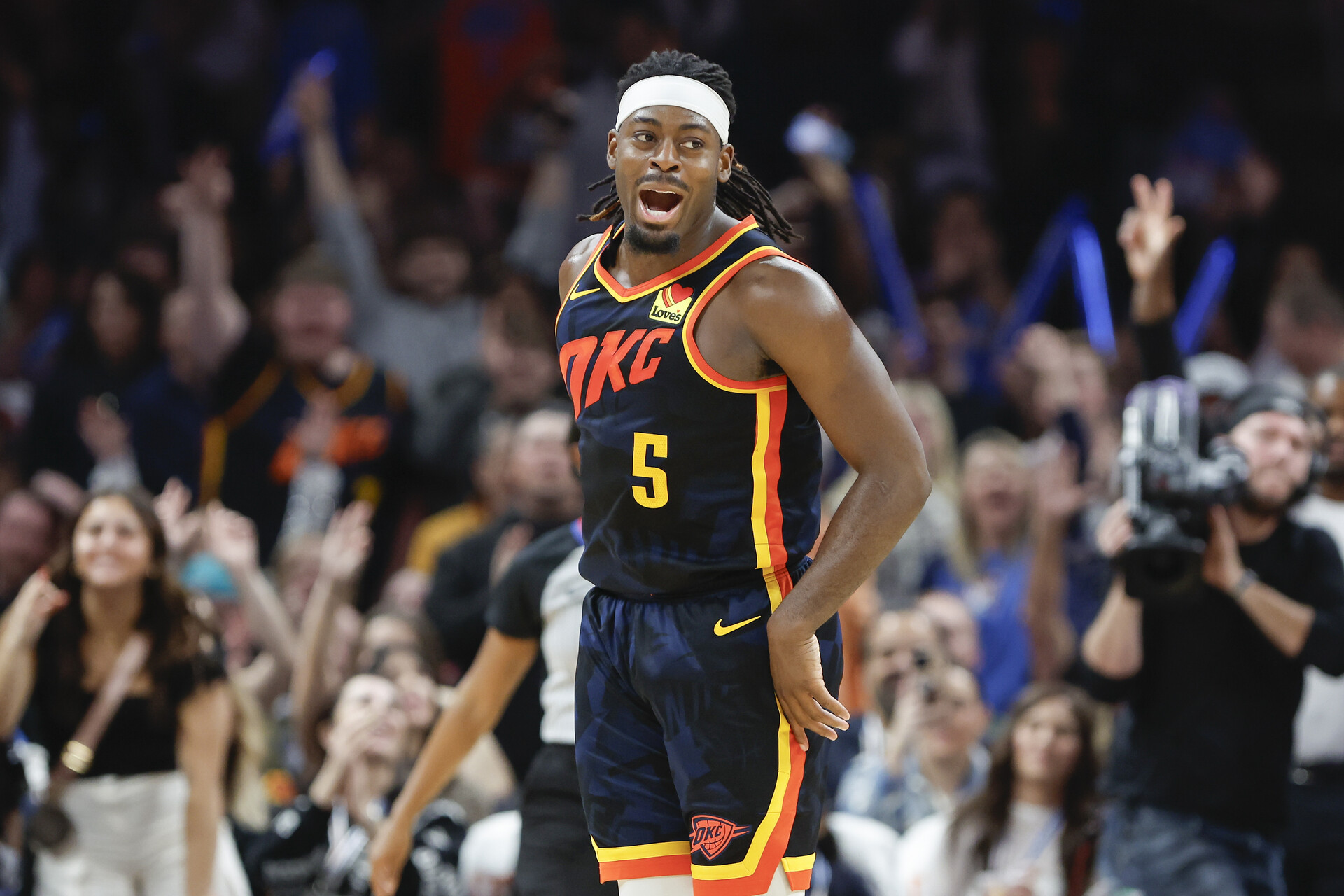 Dec 31, 2023; Oklahoma City, Oklahoma, USA; Oklahoma City Thunder guard Luguentz Dort (5) celebrates after scoring a basket against the Brooklyn Nets during the second half at Paycom Center.