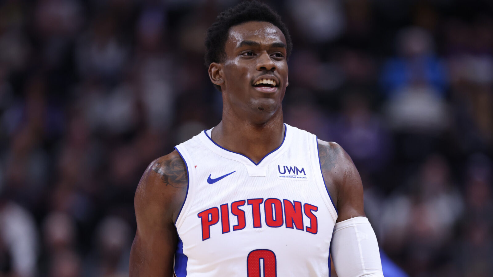 Jan 3, 2024; Salt Lake City, Utah, USA; Detroit Pistons center Jalen Duren (0) reacts to a play against the Utah Jazz during the second quarter at Delta Center.