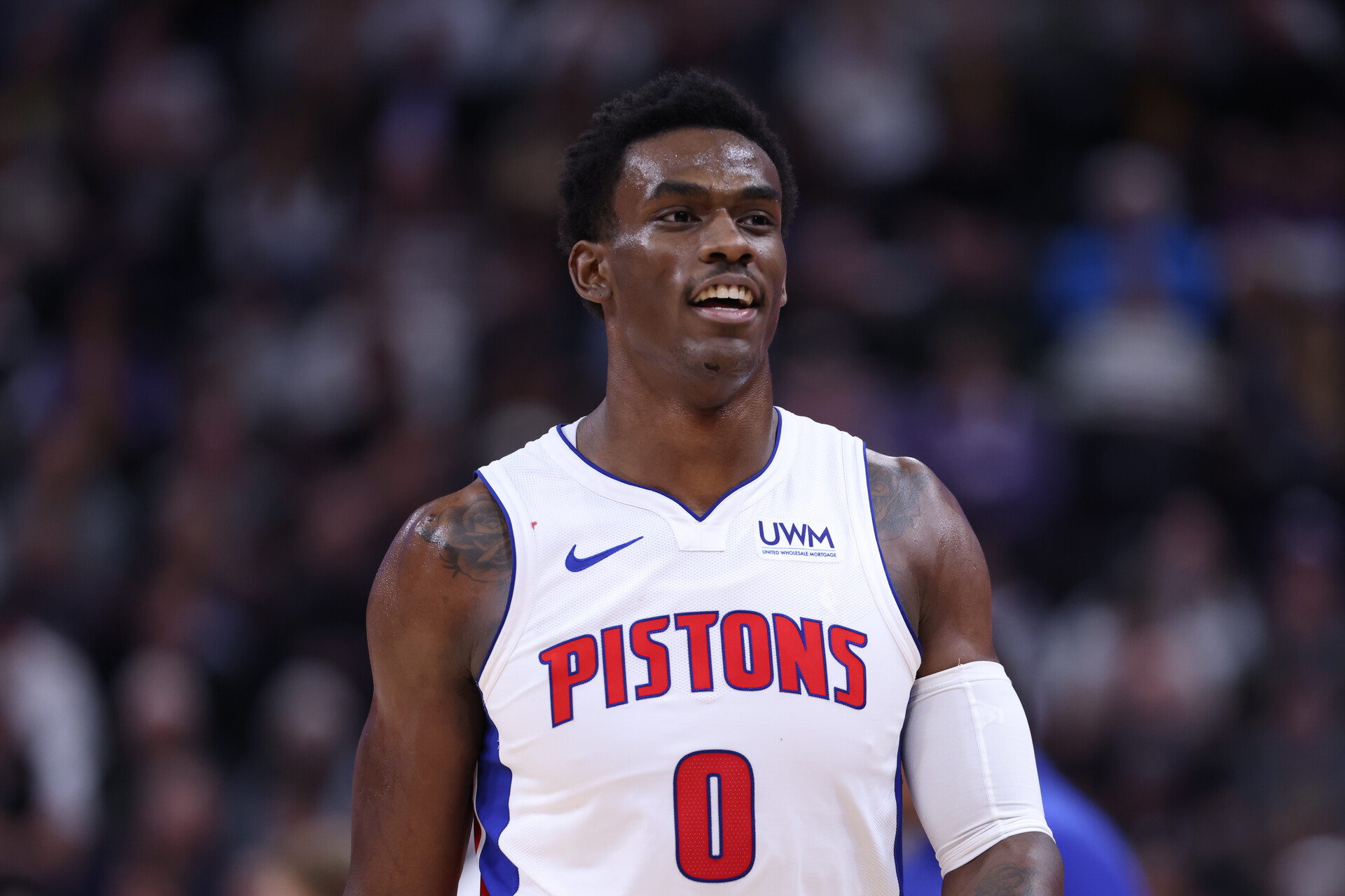 Jan 3, 2024; Salt Lake City, Utah, USA; Detroit Pistons center Jalen Duren (0) reacts to a play against the Utah Jazz during the second quarter at Delta Center.