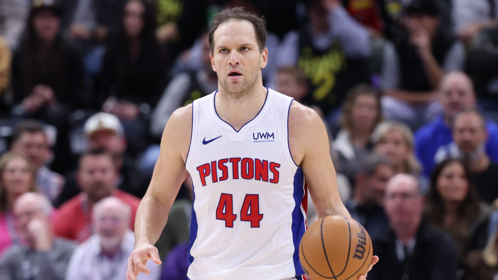 Detroit Pistons forward Bojan Bogdanovic (44) brings the ball up the court against the Utah Jazz during the fourth quarter at Delta Center.