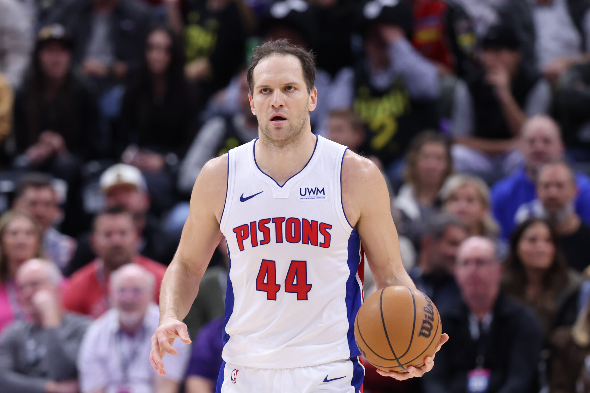 Detroit Pistons forward Bojan Bogdanovic (44) brings the ball up the court against the Utah Jazz during the fourth quarter at Delta Center.