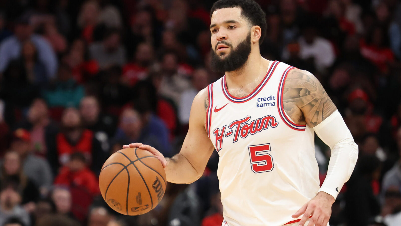 Houston Rockets guard Fred VanVleet (5) dribbles against the Minnesota Timberwolves in the second quarter at Toyota Center.
