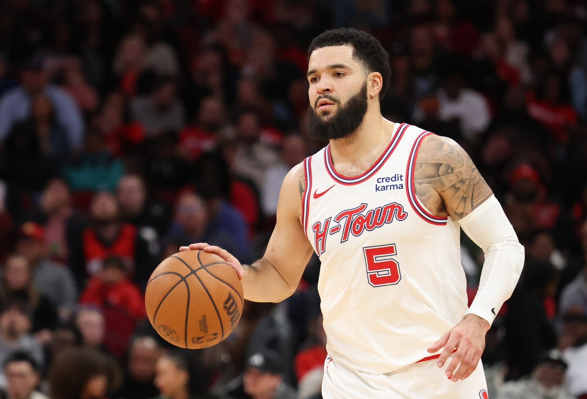 Houston Rockets guard Fred VanVleet (5) dribbles against the Minnesota Timberwolves in the second quarter at Toyota Center.