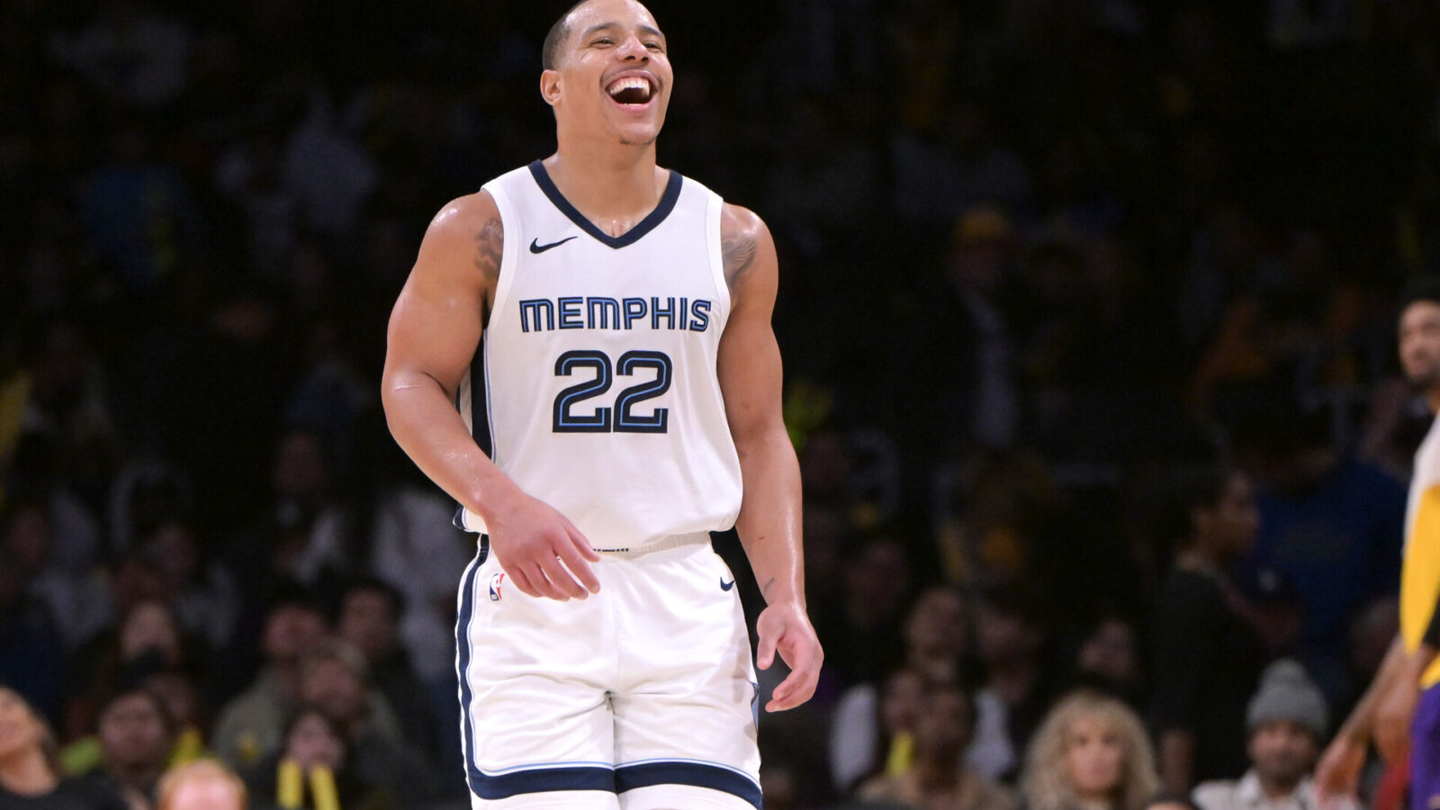 Memphis Grizzlies guard Desmond Bane (22) smiles after a three-point basket in the second half against the Los Angeles Lakers at Crypto.com Arena.