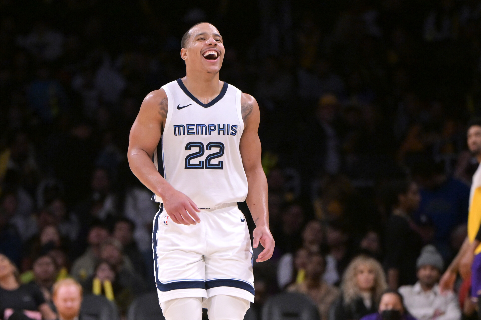 Memphis Grizzlies guard Desmond Bane (22) smiles after a three-point basket in the second half against the Los Angeles Lakers at Crypto.com Arena.
