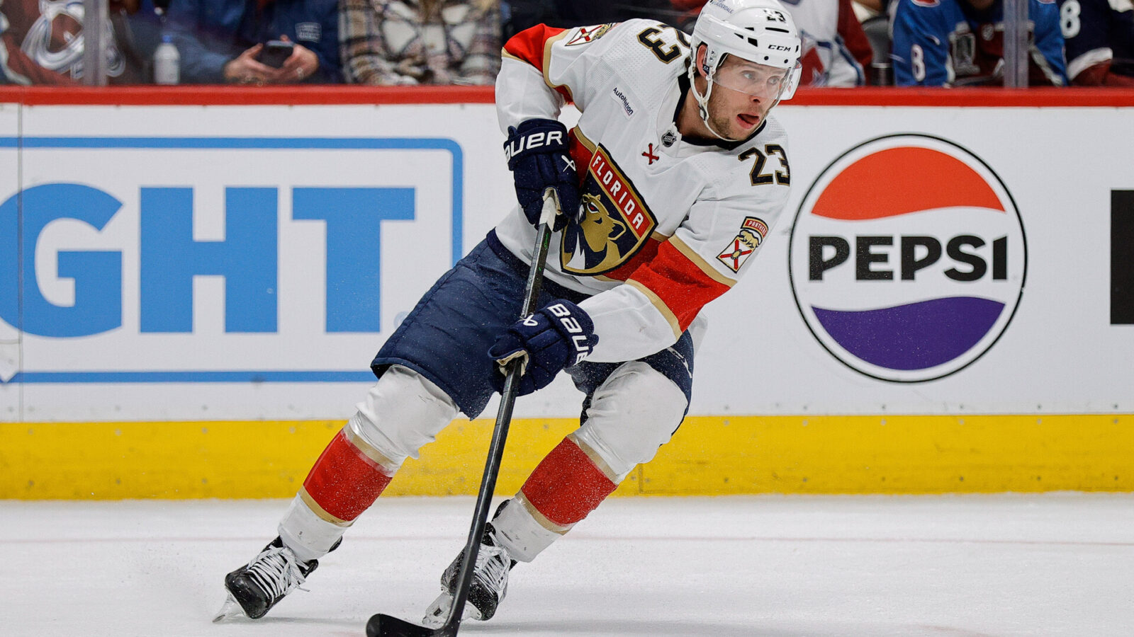 Jan 6, 2024; Denver, Colorado, USA; Florida Panthers center Carter Verhaeghe (23) controls the puck in the second period against the Colorado Avalanche at Ball Arena.