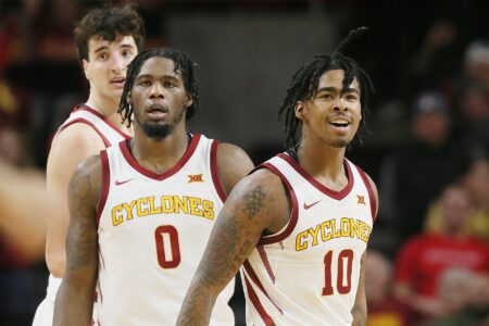 Iowa State Cyclones guard Keshon Gilbert (10), forward Tre King (0), and forward Milan Momcilovic (22) celebrate after a score against Houston during the second half in the Big-12 conference showdown of an NCAA college basketball at Hilton Coliseum on Tuesday, Jan. 9, 2024, in Ames, Iowa.
