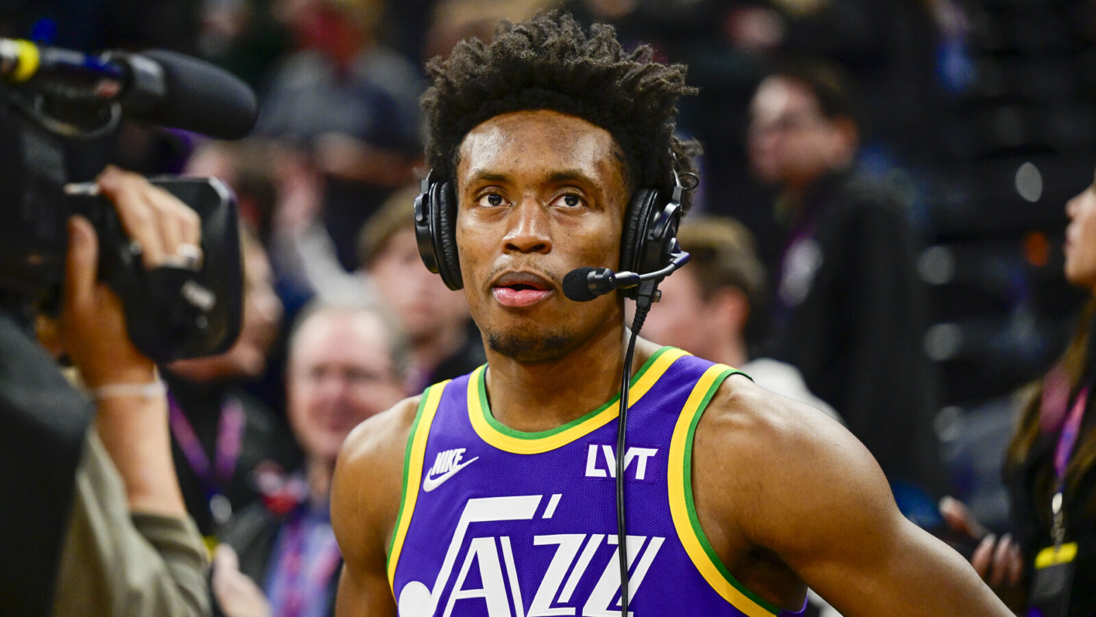 Utah Jazz guard Collin Sexton (2) is interviewed after defeating the Denver Nuggets at the Delta Center.