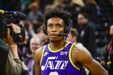 Utah Jazz guard Collin Sexton (2) is interviewed after defeating the Denver Nuggets at the Delta Center.