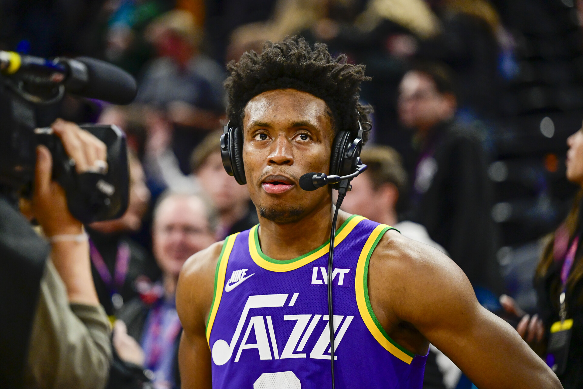 Utah Jazz guard Collin Sexton (2) is interviewed after defeating the Denver Nuggets at the Delta Center.