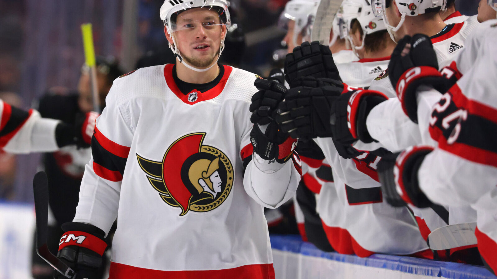 Ottawa Senators right wing Vladimir Tarasenko (91) celebrates his goal with teammates during the first period against the Buffalo Sabres at KeyBank Center.