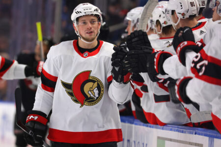Ottawa Senators right wing Vladimir Tarasenko (91) celebrates his goal with teammates during the first period against the Buffalo Sabres at KeyBank Center.