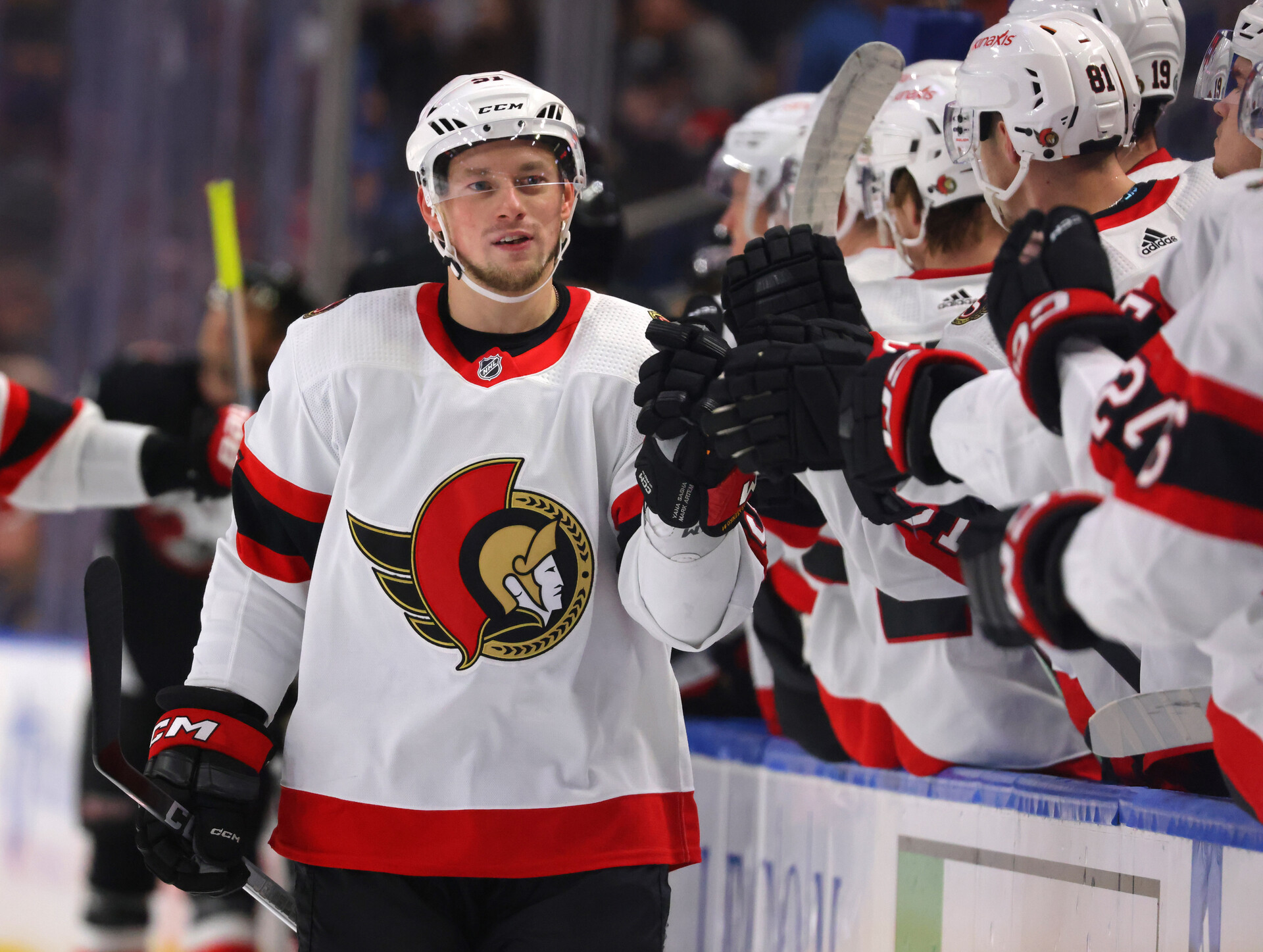 Ottawa Senators right wing Vladimir Tarasenko (91) celebrates his goal with teammates during the first period against the Buffalo Sabres at KeyBank Center.