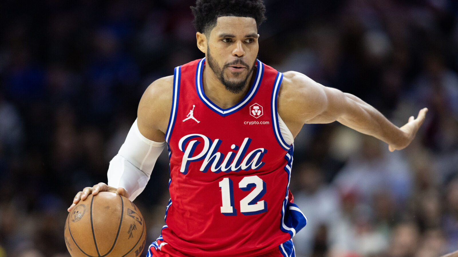 Philadelphia 76ers forward Tobias Harris (12) dribbles the ball against the Sacramento Kings during the fourth quarter at Wells Fargo Center.
