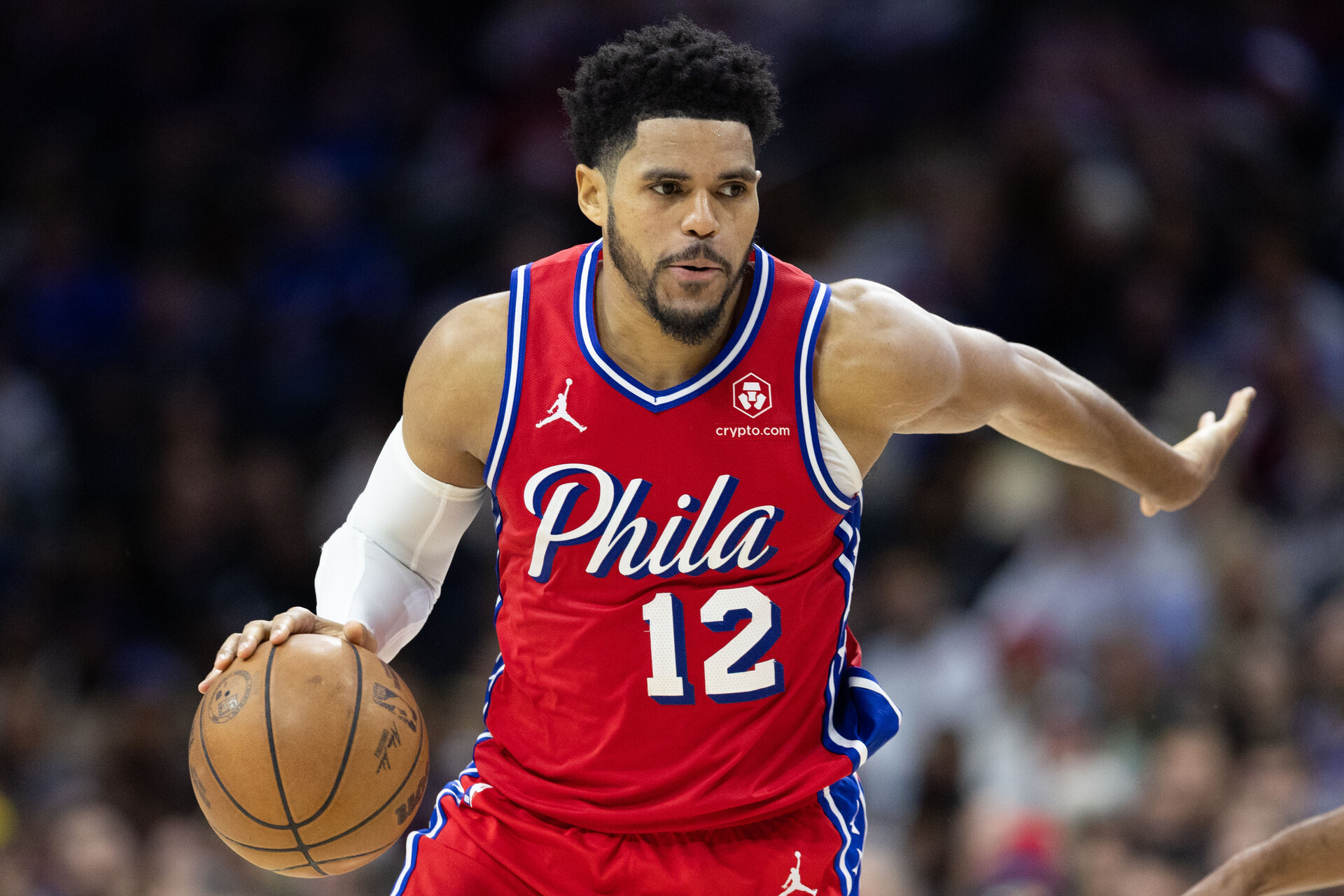 Philadelphia 76ers forward Tobias Harris (12) dribbles the ball against the Sacramento Kings during the fourth quarter at Wells Fargo Center.