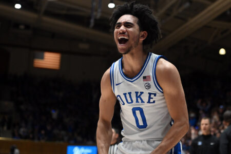 Duke Blue Devils guard Jared McCain (0) reacts during the second half against the Georgia Tech Yellow Jackets at Cameron Indoor Stadium. The Blue Devils won 84-79.