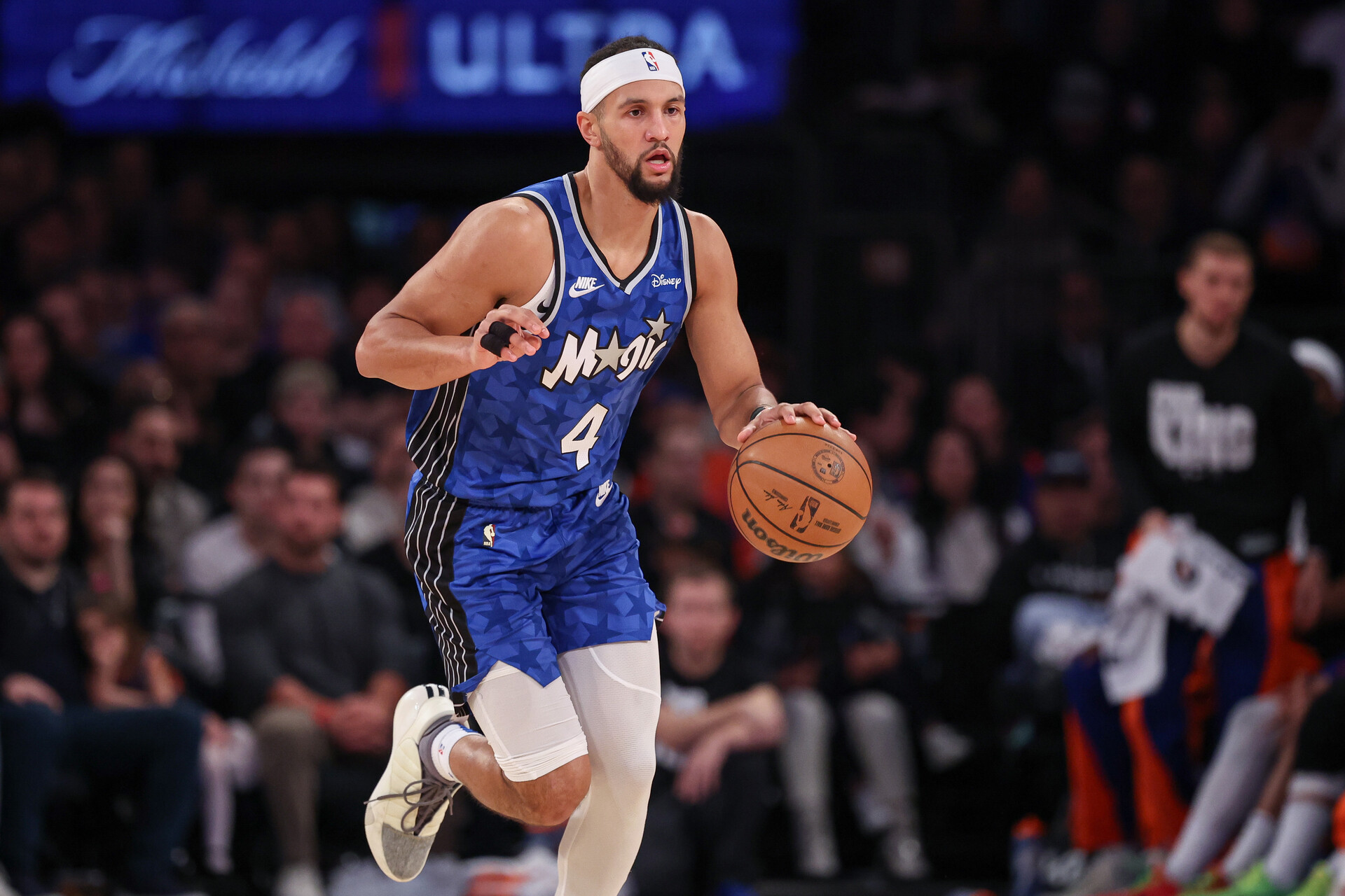Jan 15, 2024; New York, New York, USA; Orlando Magic guard Jalen Suggs (4) dribbles up court during the first half against the New York Knicks at Madison Square Garden.