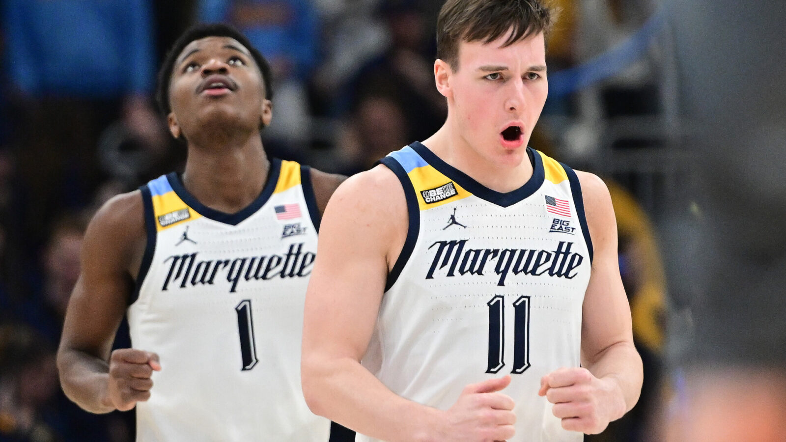 Marquette Golden Eagles guard Tyler Kolek (11) reacts after scoring a basket in the second half against the Villanova Wildcats at Fiserv Forum.