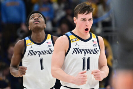 Marquette Golden Eagles guard Tyler Kolek (11) reacts after scoring a basket in the second half against the Villanova Wildcats at Fiserv Forum.