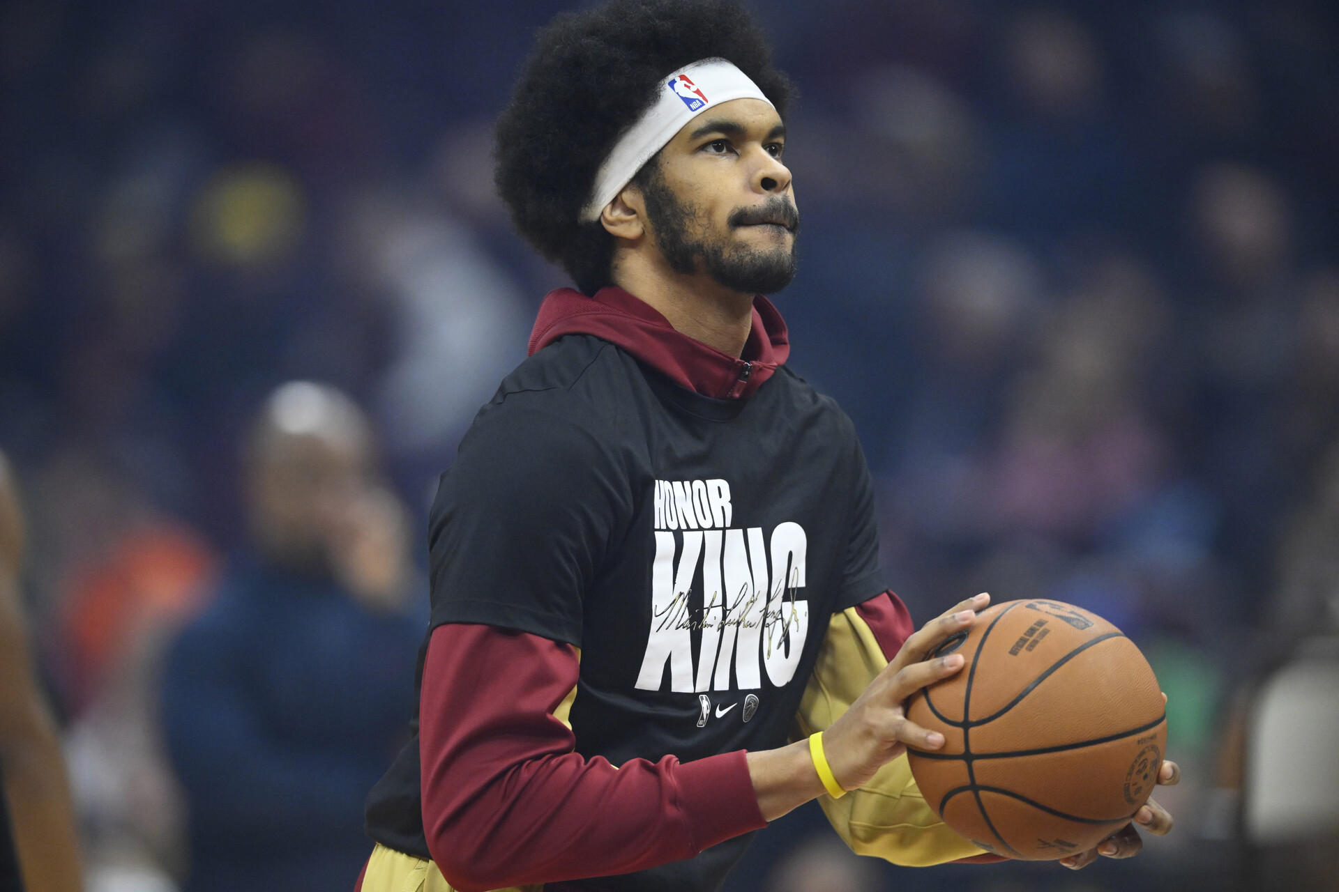 Cleveland Cavaliers center Jarrett Allen (31) warms up wearing a Martin Luther King Jr. shirt before a game against the Chicago Bulls at Rocket Mortgage FieldHouse.