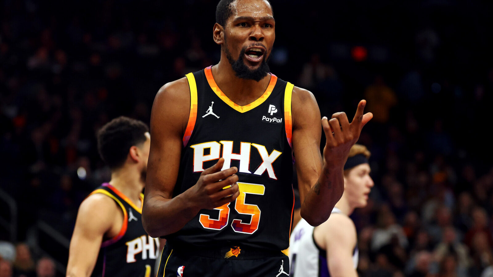 Jan 16, 2024; Phoenix, Arizona, USA; Phoenix Suns forward Kevin Durant (35) reacts to a call during the fourth quarter against the Sacramento Kings at Footprint Center.