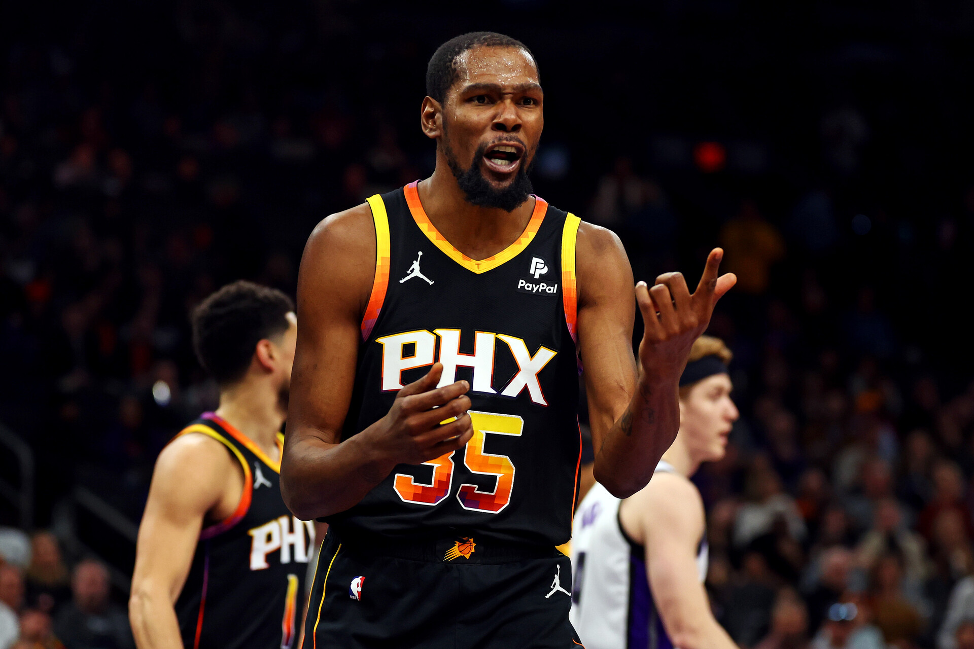 Jan 16, 2024; Phoenix, Arizona, USA; Phoenix Suns forward Kevin Durant (35) reacts to a call during the fourth quarter against the Sacramento Kings at Footprint Center.