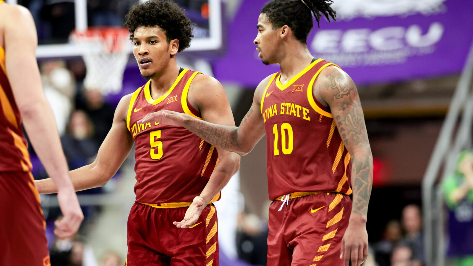 Jan 20, 2024; Fort Worth, Texas, USA; Iowa State Cyclones guard Curtis Jones (5) celebrates with Iowa State Cyclones guard Keshon Gilbert (10) during the second half against the TCU Horned Frogs at Ed and Rae
