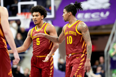 Jan 20, 2024; Fort Worth, Texas, USA; Iowa State Cyclones guard Curtis Jones (5) celebrates with Iowa State Cyclones guard Keshon Gilbert (10) during the second half against the TCU Horned Frogs at Ed and Rae
