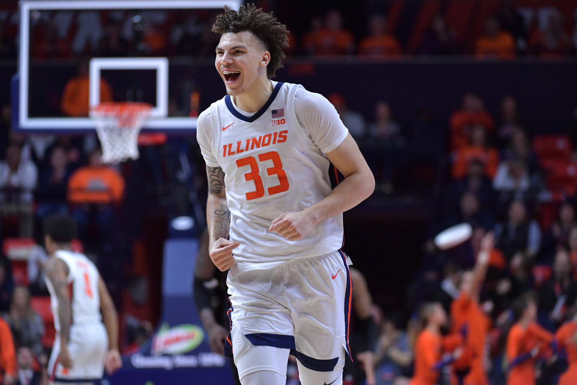 Illinois Fighting Illini forward Coleman Hawkins (33) reacts after scoring during the second half against the Rutgers Scarlet Knights at State Farm Center.