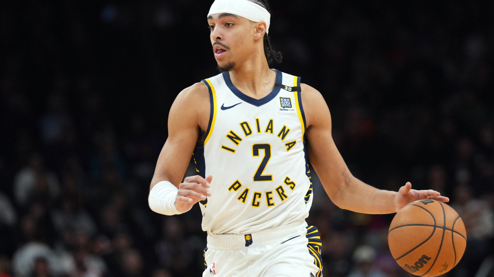 Jan 21, 2024; Phoenix, Arizona, USA; Indiana Pacers guard Andrew Nembhard (2) dribbles against the Phoenix Suns during the second half at Footprint Center.