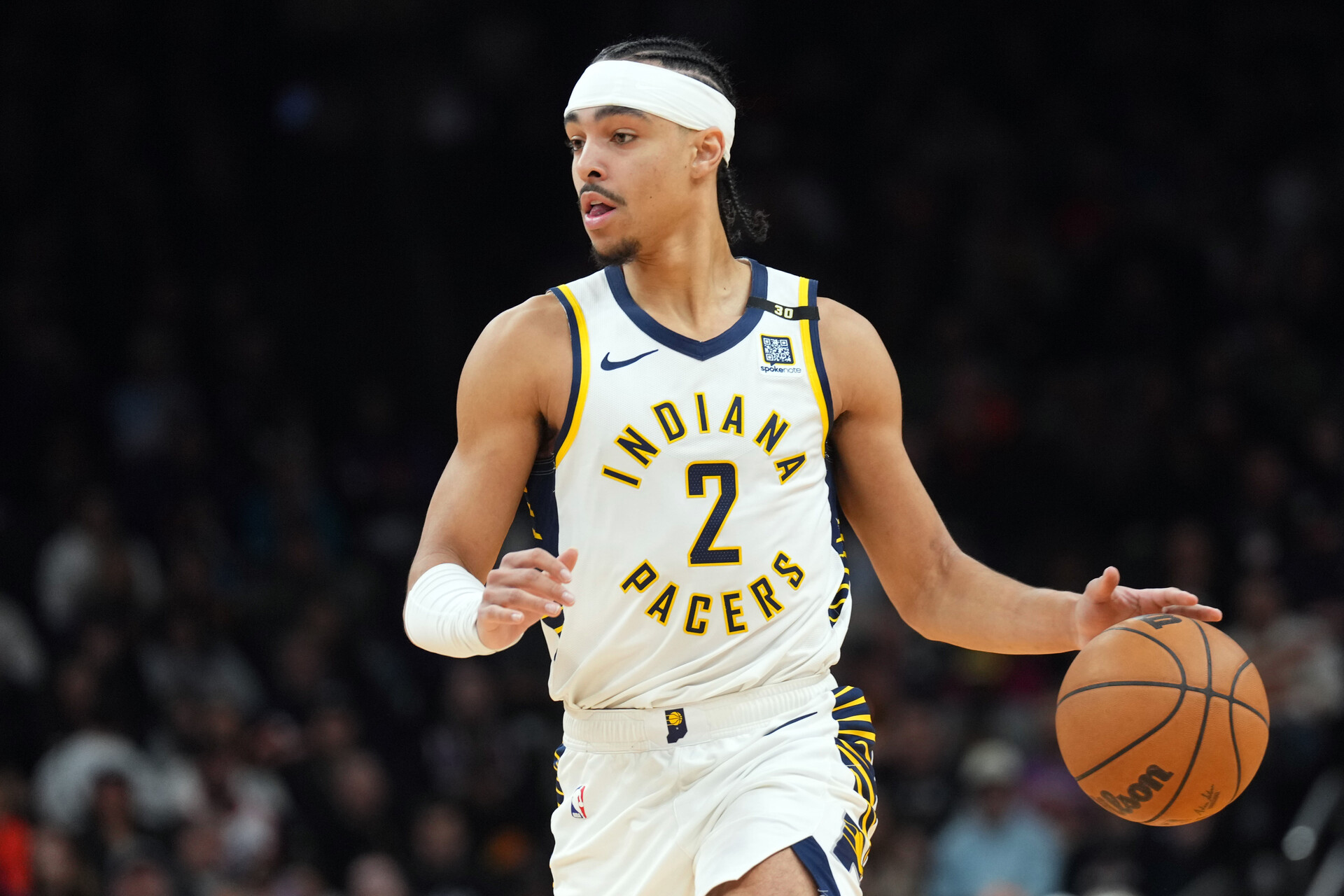 Jan 21, 2024; Phoenix, Arizona, USA; Indiana Pacers guard Andrew Nembhard (2) dribbles against the Phoenix Suns during the second half at Footprint Center.