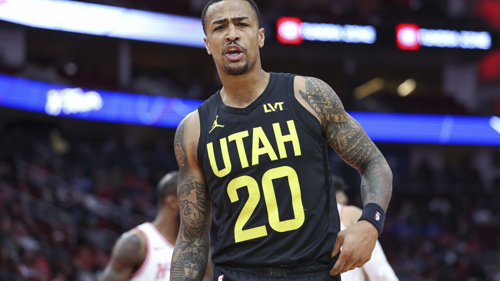 Utah Jazz forward John Collins (20) reacts during the game against the Houston Rockets at Toyota Center.