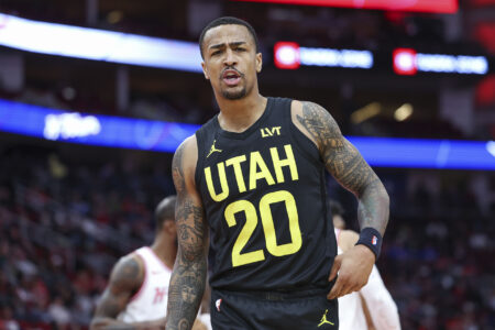 Utah Jazz forward John Collins (20) reacts during the game against the Houston Rockets at Toyota Center.