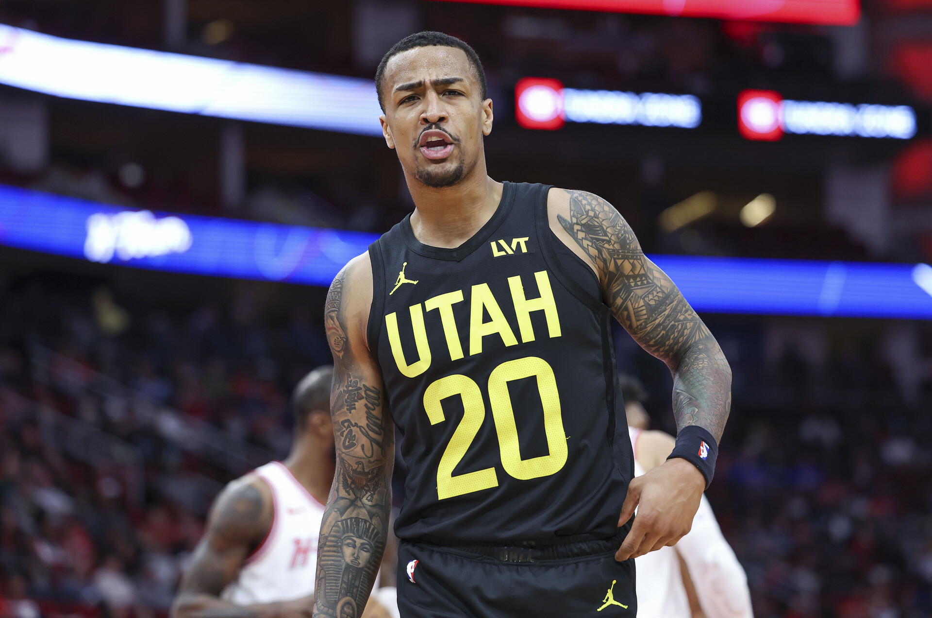 Utah Jazz forward John Collins (20) reacts during the game against the Houston Rockets at Toyota Center.