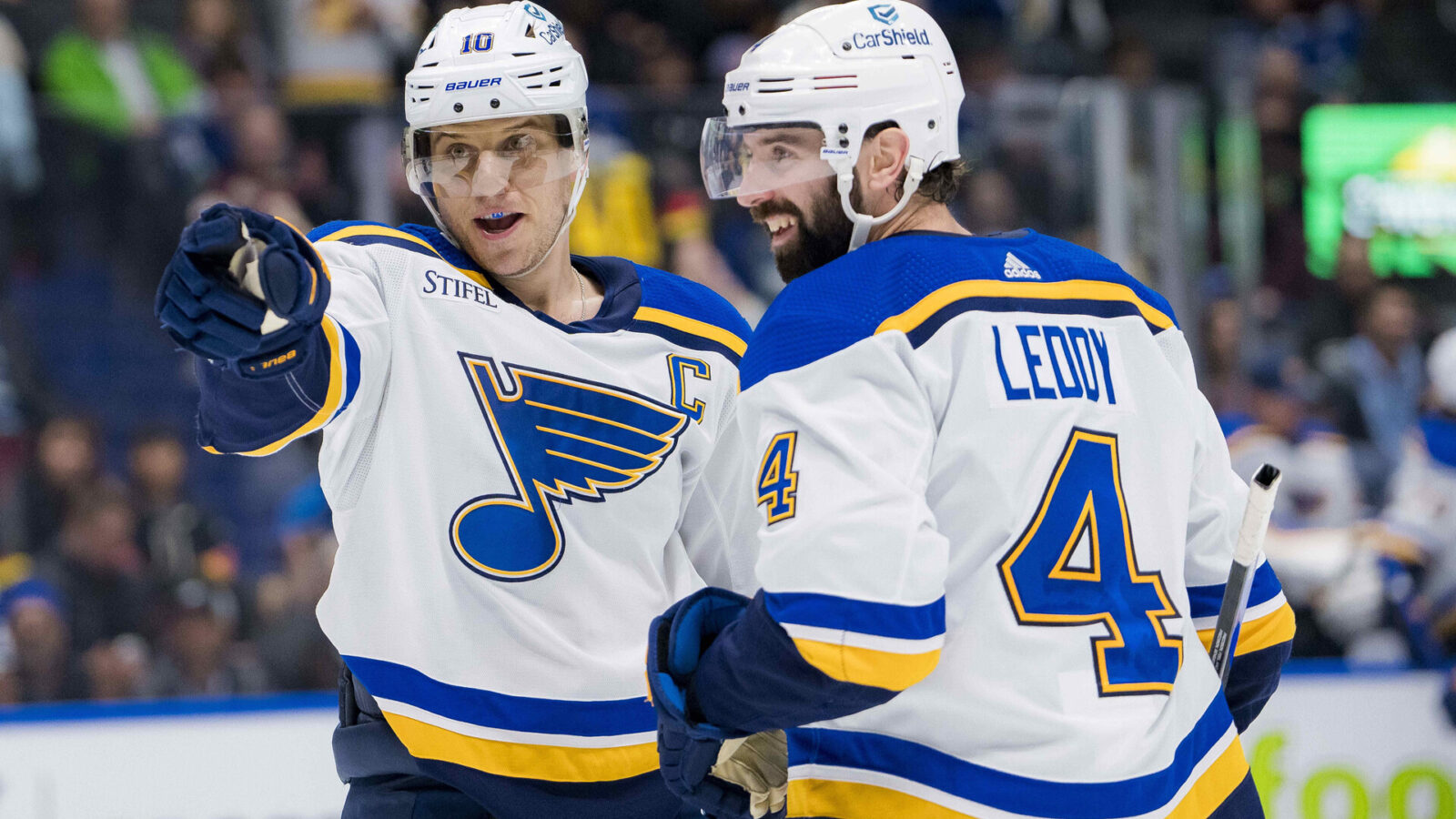St. Louis Blues forward Brayden Schenn (10) and defenseman Nick Leddy (4) celebrate Schenn’s game winning goal against the Vancouver Canucks in overtime at Rogers Arena. Blues 4-3 in overtime.