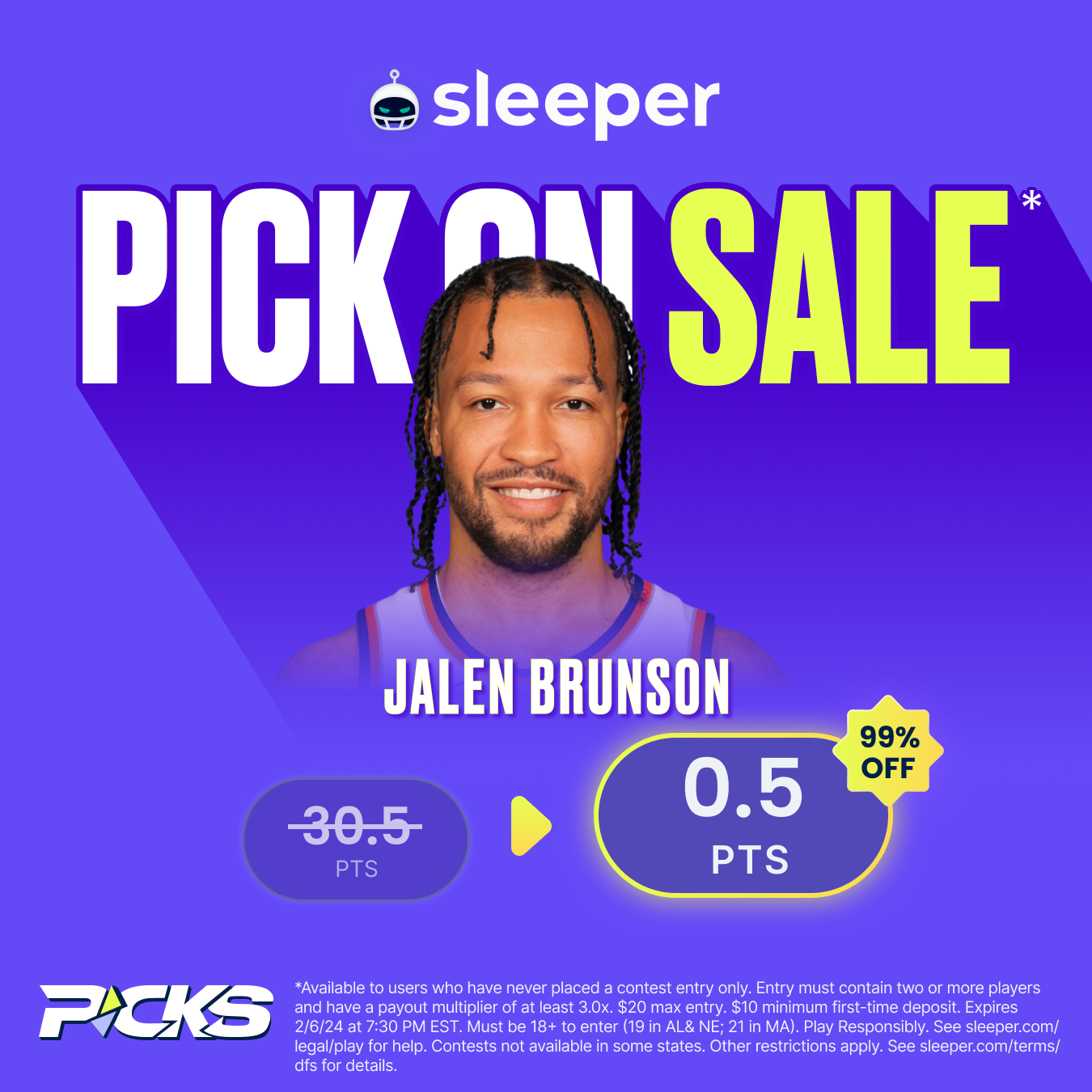 NBA player props special at Sleeper Fantasy on Tuesday, Feb. 6, 2024 is Jalen Brunson over 0.5 points. For new customers only using promo code PROPS.