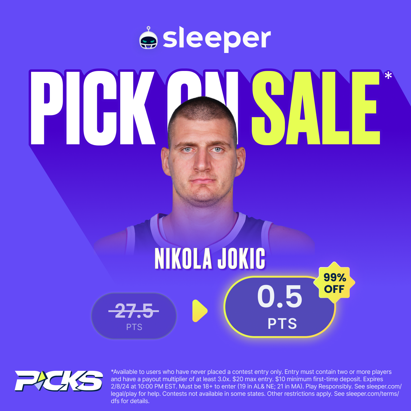 NBA player props special on Sleeper Fantasy for Thursday, Feb. 8 is Nikola Jokic over 0.5 points. 