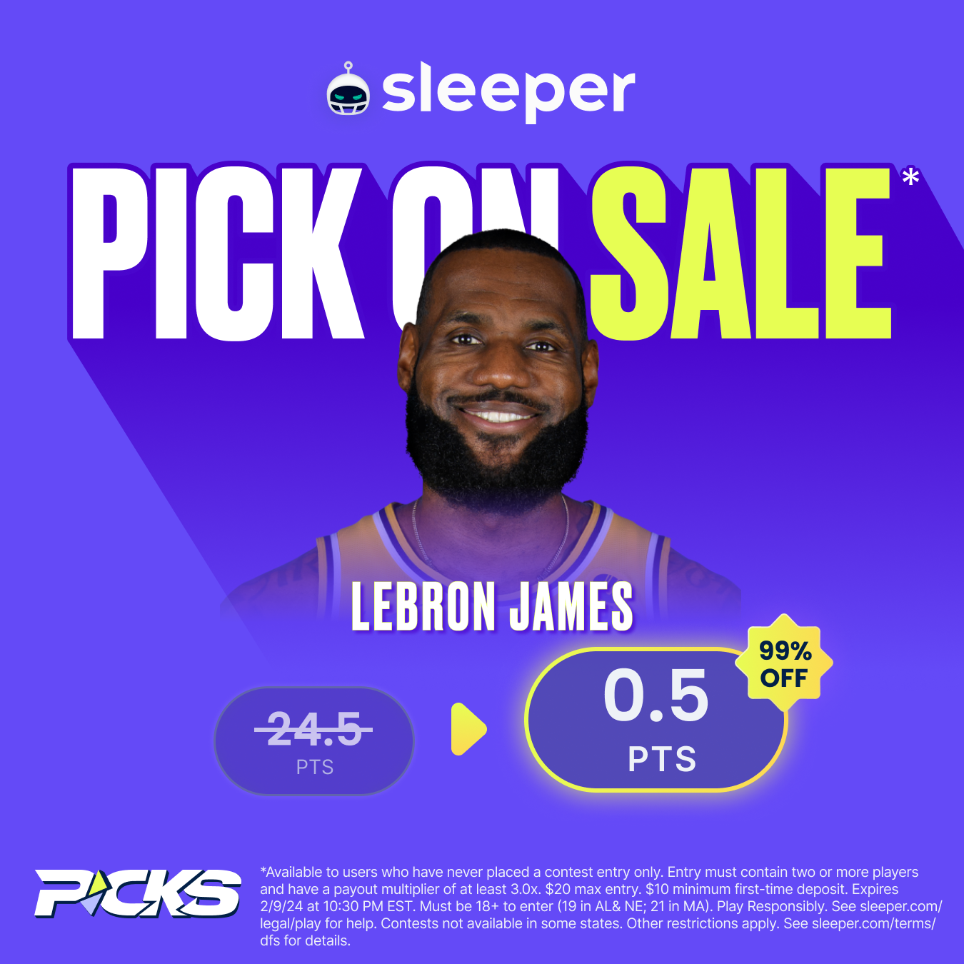 NBA player props special for Friday, Feb. 9 on Sleeper Fantasy is LeBron James over 0.5 points. For new customers only. Use PROPS promo code.